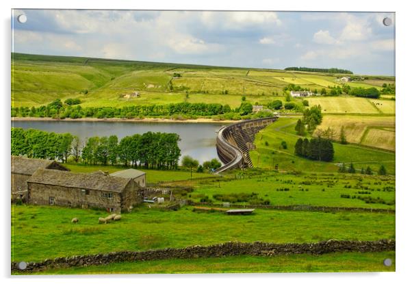 Baitings dam and reservoir, Ripponden. Acrylic by David Birchall