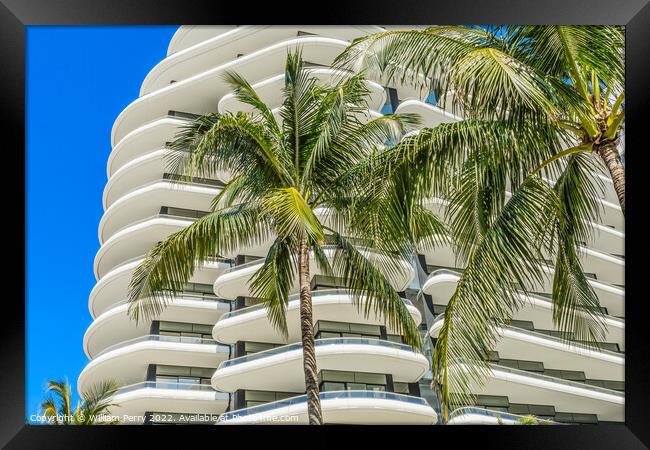 Palm Trees White Art Deco Building Miami Beach Florida Framed Print by William Perry