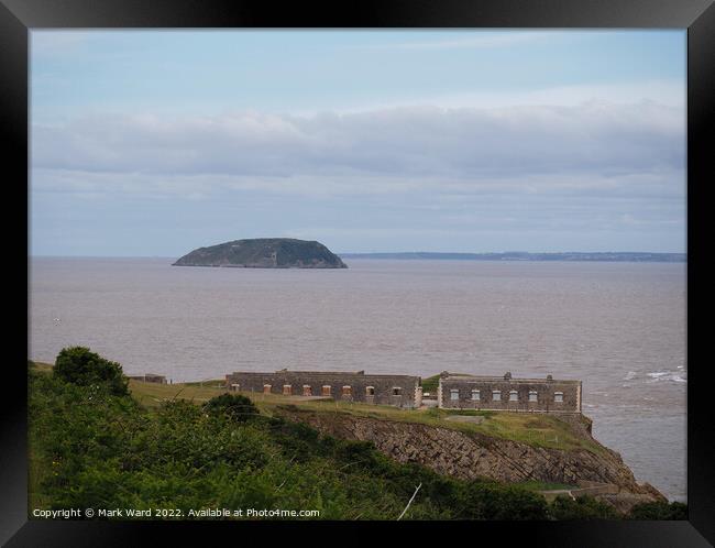 Brean Down Fort with Steep Holm Island. Framed Print by Mark Ward
