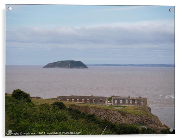 Brean Down Fort with Steep Holm Island. Acrylic by Mark Ward