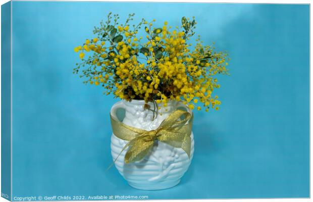 Wattle blossoms in a ceramic vase on blue. Canvas Print by Geoff Childs