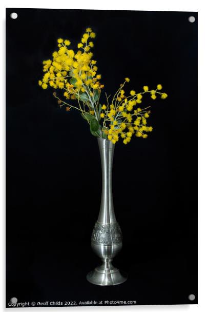 Wattle blossoms in a pewter vase on black. Acrylic by Geoff Childs