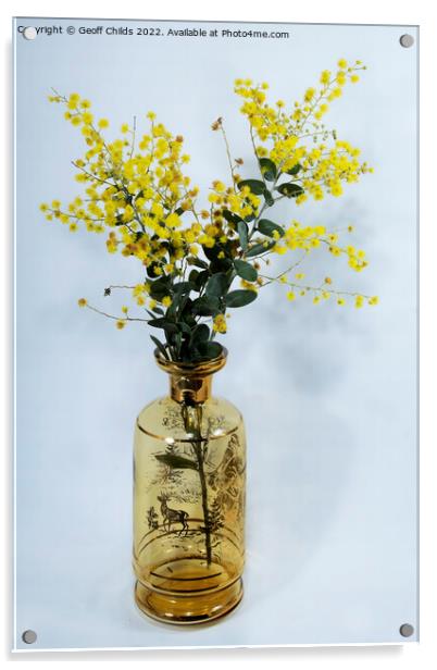 Wattle blossoms in a amber glass vase on white. Acrylic by Geoff Childs
