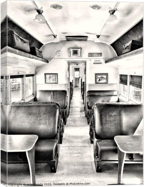 Interior of Old Steam Train Carriage Tenterfield Rattler Tenterfield New South Wales Australia in Black & White Canvas Print by Julie Gresty