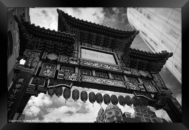 China town in London in monochrome Framed Print by Ann Biddlecombe