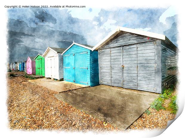 Beach Huts at Hastings Print by Helen Hotson