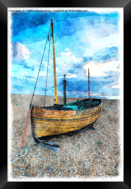 Sailing Boat on a Beach Framed Print by Helen Hotson