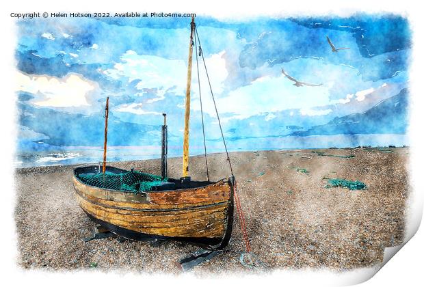 Sailing Boat on a Beach Painting Print by Helen Hotson