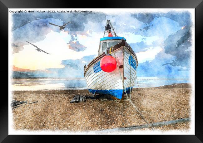 Fishing Boat on the Beach in Kent Painting Framed Print by Helen Hotson