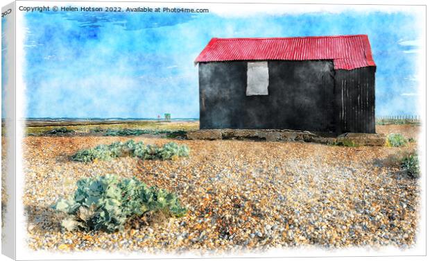 Red Hut on Rye Beach Painting Canvas Print by Helen Hotson