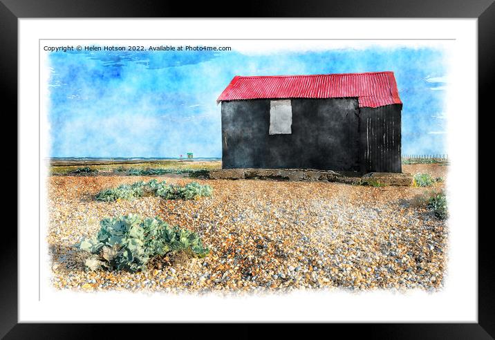 Red Hut on Rye Beach Painting Framed Mounted Print by Helen Hotson