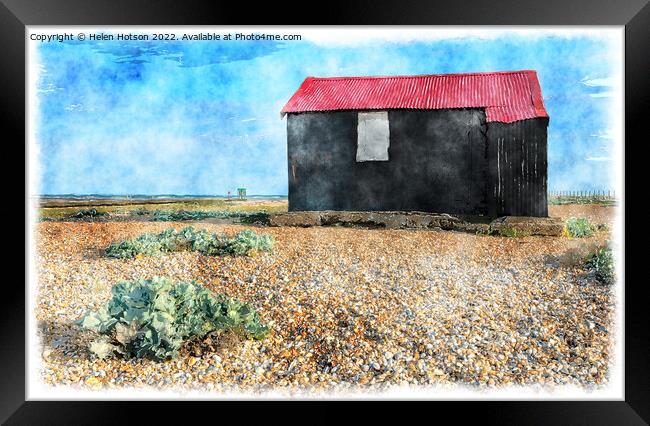 Red Hut on Rye Beach Painting Framed Print by Helen Hotson