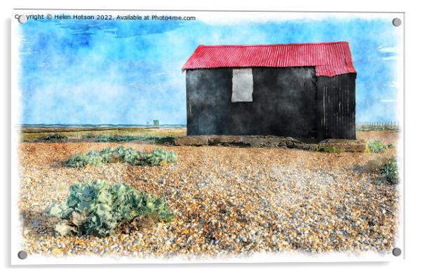 Red Hut on Rye Beach Painting Acrylic by Helen Hotson