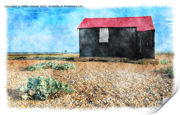 Red Hut on Rye Beach Painting Print by Helen Hotson