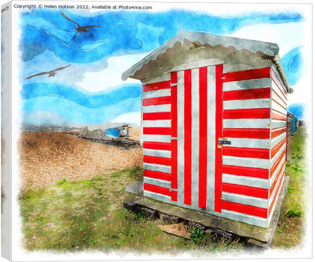 Stripey Beach Hut Painting Canvas Print by Helen Hotson