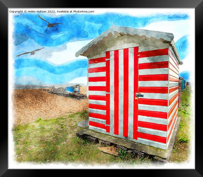 Stripey Beach Hut Painting Framed Print by Helen Hotson