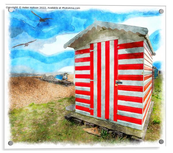 Stripey Beach Hut Painting Acrylic by Helen Hotson