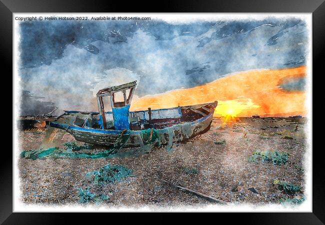 Painting of a boat on the beach Framed Print by Helen Hotson