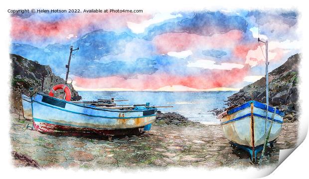 Fishing Boats at Penberth Cove Painting Print by Helen Hotson