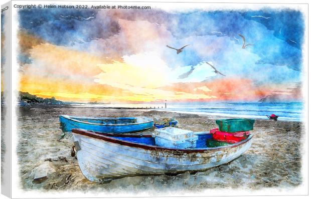 Fishing Boats on the Beach at Bournemouth Painting Canvas Print by Helen Hotson