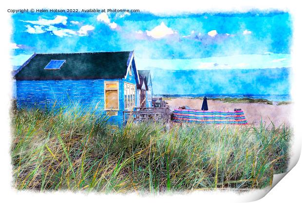 Beach Huts at Mudeford Spit Painting Print by Helen Hotson