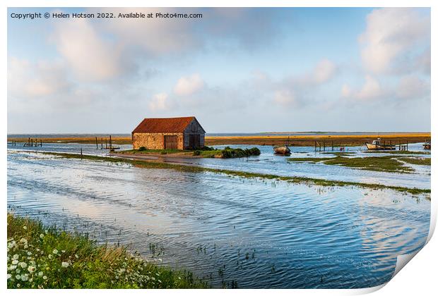 Spring tides flooding the old harbour at Thornham  Print by Helen Hotson