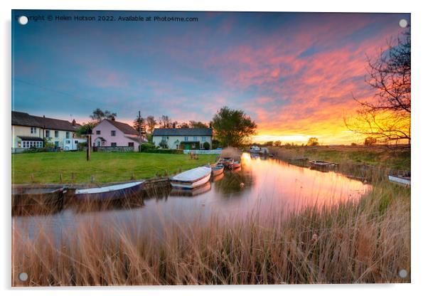 Stunning sunset over the village green and boats on the river at Acrylic by Helen Hotson