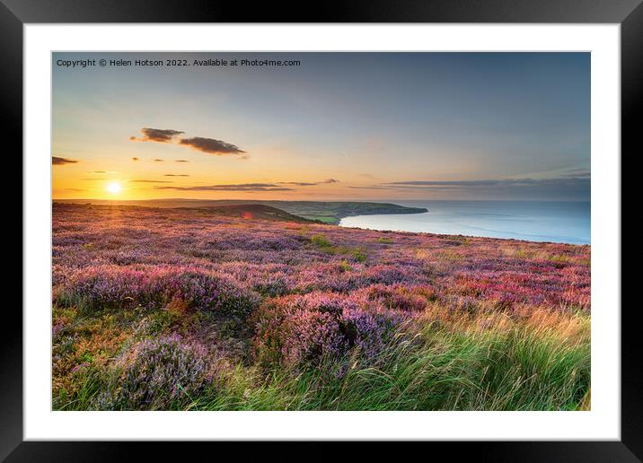 Sunset over heather in bloom on the North York Moors National Pa Framed Mounted Print by Helen Hotson