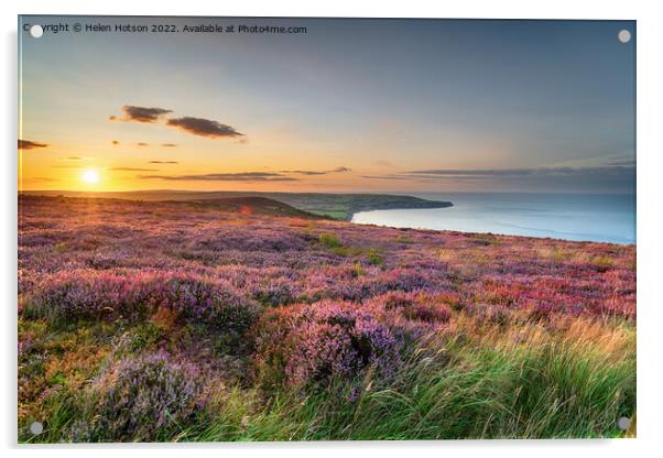 Sunset over heather in bloom on the North York Moors National Pa Acrylic by Helen Hotson
