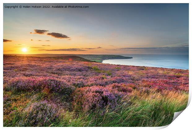 Sunset over heather in bloom on the North York Moors National Pa Print by Helen Hotson