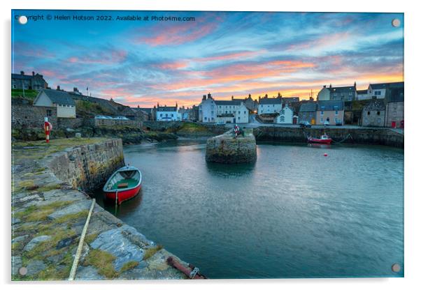 Sunset over Portsoy a fishing village in Aberdeenshire on the east coast of Scotland Acrylic by Helen Hotson