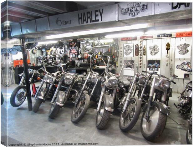 My son-in-law's man cave - he has more motorcycle equipment than most stores Canvas Print by Stephanie Moore