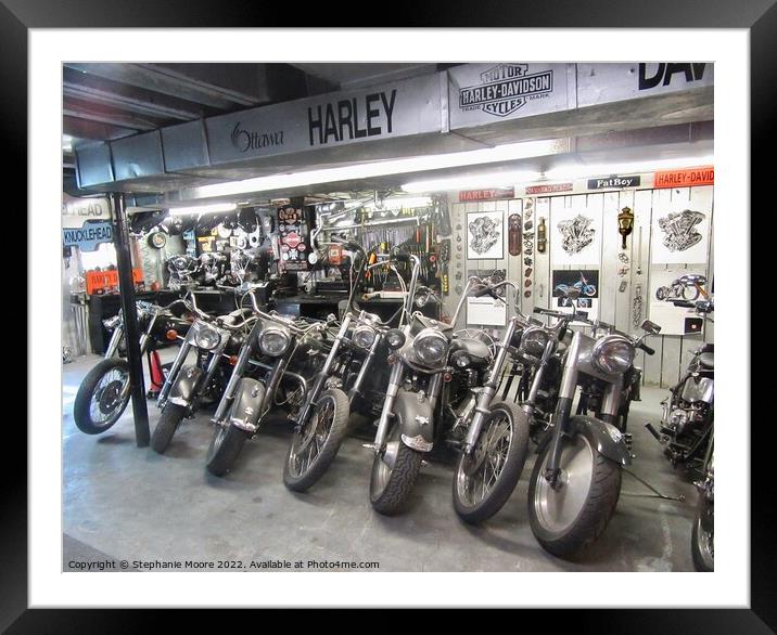 My son-in-law's man cave - he has more motorcycle equipment than most stores Framed Mounted Print by Stephanie Moore