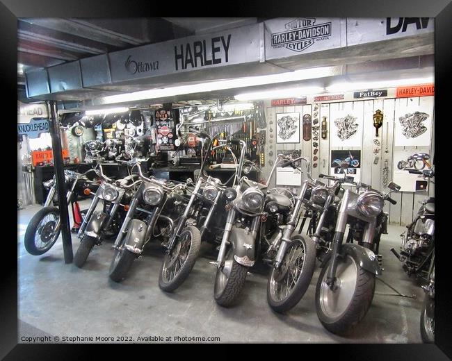 My son-in-law's man cave - he has more motorcycle equipment than most stores Framed Print by Stephanie Moore