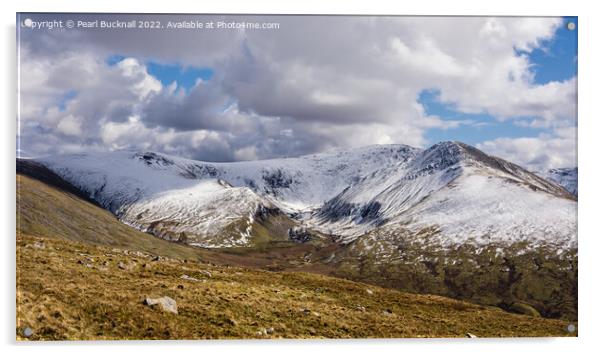 Spring Snow on Carneddau Mountains Snowdonia Wales Acrylic by Pearl Bucknall