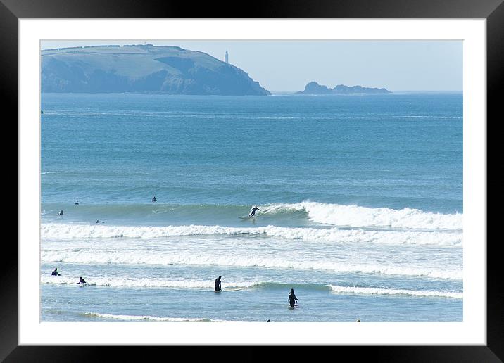 Polzeath Beach Surfing Framed Mounted Print by David Wilkins