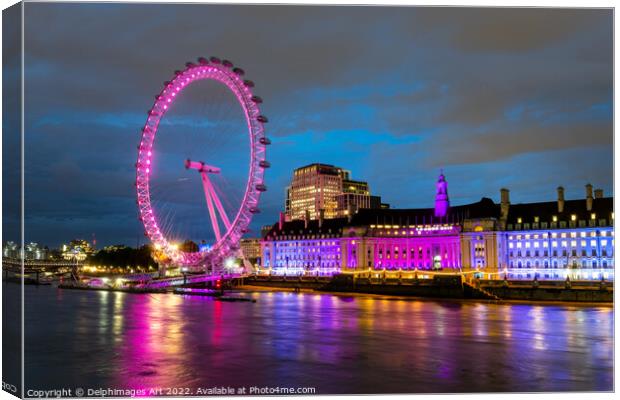 London Eye and river Thames at night Canvas Print by Delphimages Art