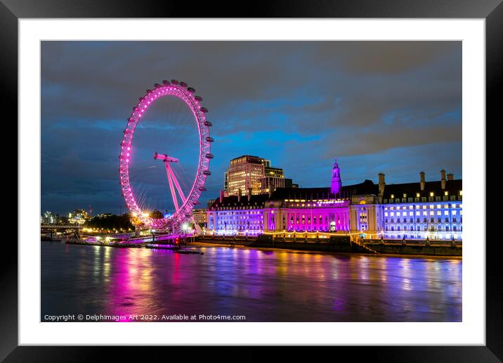 London Eye and river Thames at night Framed Mounted Print by Delphimages Art