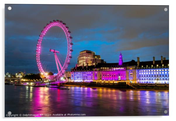 London Eye and river Thames at night Acrylic by Delphimages Art