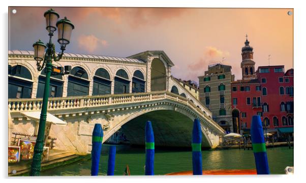 Venice, Italy: Beautiful panorama of the Rialto Bridge, an important symbols of city. It connects the San Marco with the commercial zone. it was originally wooden and was build by Antonio Da Ponte Acrylic by Arpan Bhatia