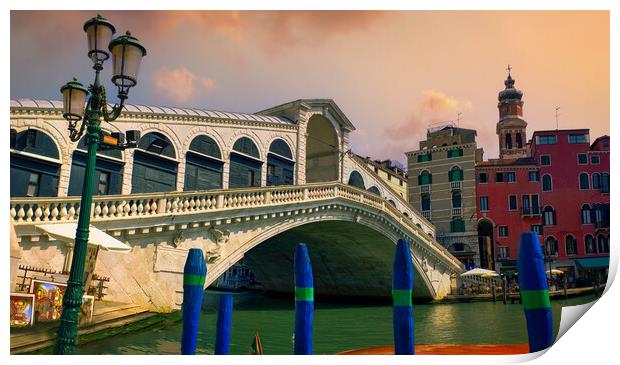 Venice, Italy: Beautiful panorama of the Rialto Bridge, an important symbols of city. It connects the San Marco with the commercial zone. it was originally wooden and was build by Antonio Da Ponte Print by Arpan Bhatia