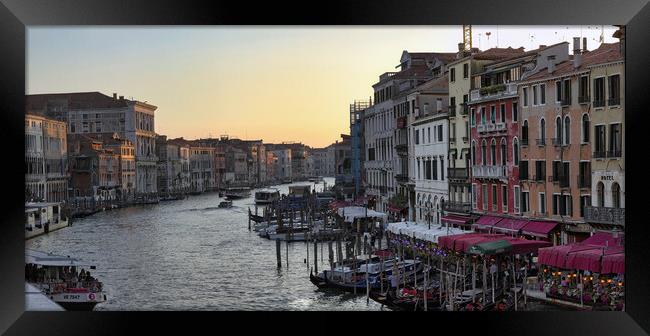 Venice, Italy - Wide angle panorama of famous Canal Grande. Colorful spring view from Rialto Bridge, Picturesque morning seascape of Adriatic Sea. Traveling concept background Framed Print by Arpan Bhatia