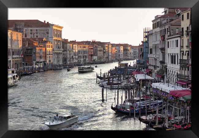 Venice, Italy  Wide angle view of famous Canal Grande. Colorful spring view from Rialto Bridge, Picturesque morning seascape of Adriatic Sea. Traveling concept background Framed Print by Arpan Bhatia