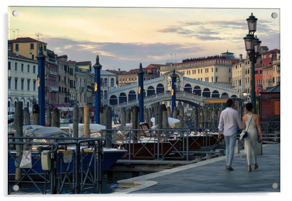 Venice, Italy A couple walking holding hands against rialto bridge, a famous place known as one of the romantic destination Acrylic by Arpan Bhatia