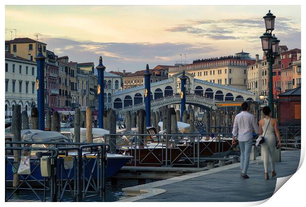 Venice, Italy A couple walking holding hands against rialto bridge, a famous place known as one of the romantic destination Print by Arpan Bhatia