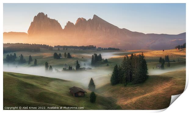 Dolomites mountains at sunrise Print by Aleš Krivec