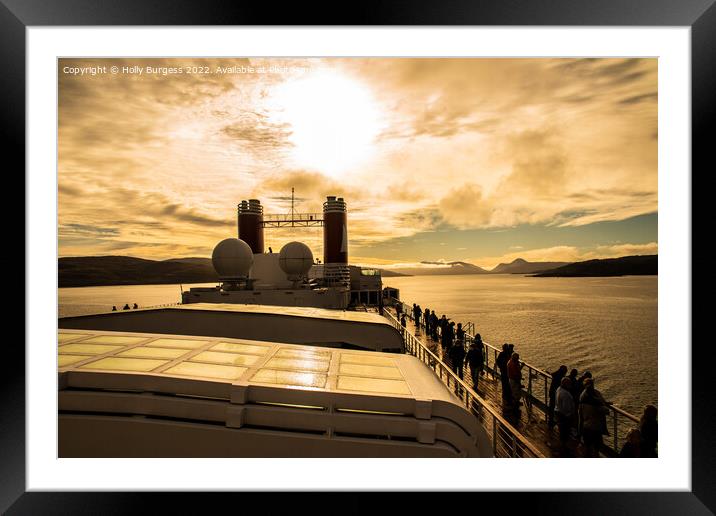 Ship sailing into sunset on the sound of Mull Framed Mounted Print by Holly Burgess