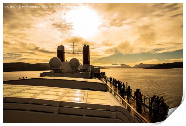 Ship sailing into sunset on the sound of Mull Print by Holly Burgess