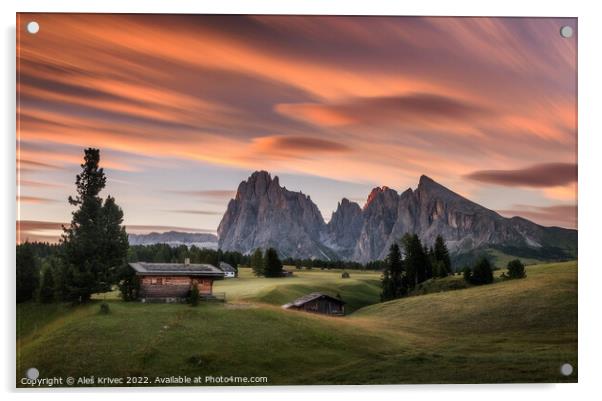 Sunrise at Alpe di Siusi in the Dolomites Acrylic by Aleš Krivec