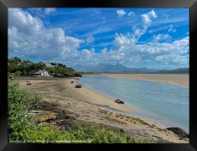 Looking across the sand at Borth Y Gest in North Wales Framed Print by Simon Marlow